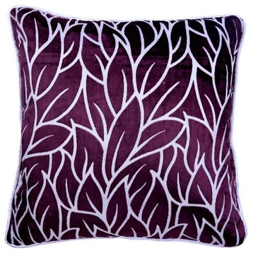 Purple Decorative Pillow Cover, Leaf Design 26"x26" Velvet, Plummy Leaves