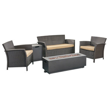 GDF Studio Mason Outdoor 4 Seat  Chat Set With Fire Pit, Brown/Tan/Dark Gray