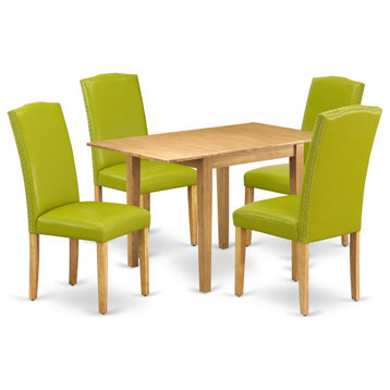 Dining Set 5 Pcs 4 Chairs, Table Oak Finish Wood Autumn Green Color Pu Leather