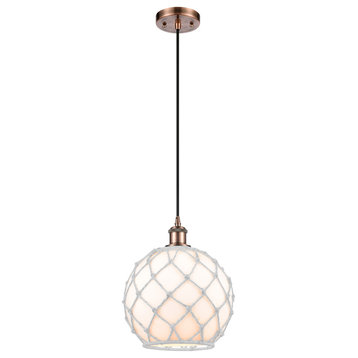 Large Farmhouse1-Light Mini Pendant, Antique Copper, White Glass with White Rope