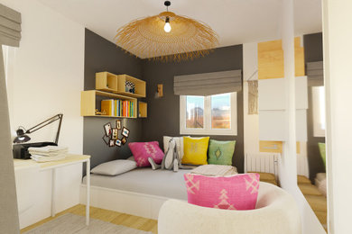 Diseño de dormitorio infantil escandinavo pequeño con paredes negras y suelo de madera clara