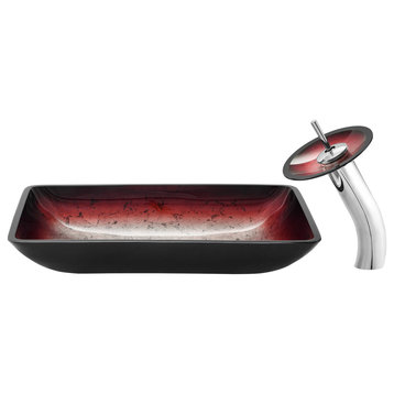 Cascade Rectangular Glass Vessel Sink with Faucet, Ember Red