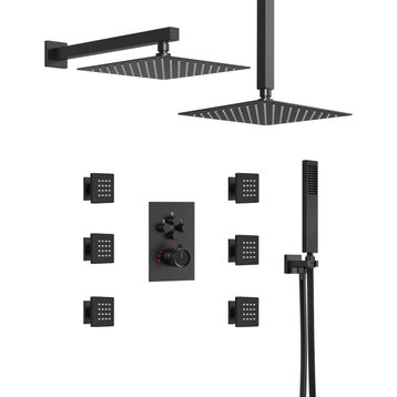 Thermostatic Shower Faucet 12" High Pressure Dual Heads w/ Body Jet Sprays, Matte Black