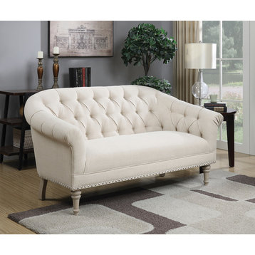 Coaster Fabric Tufted Back Settee with Roll Arm Loveseat in Natural