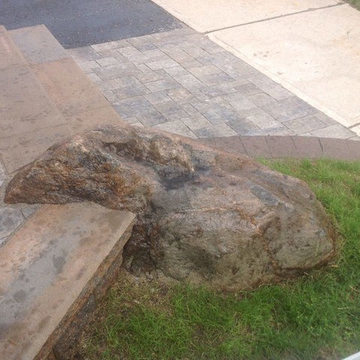 Front porch stone steps & landing, rock detail & walkway