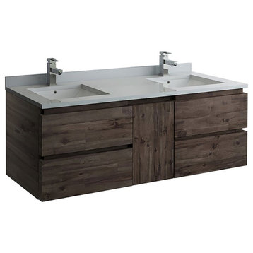 Fresca Formosa 58" Wall Hung Double Sinks Modern Wood Bathroom Cabinet in Brown