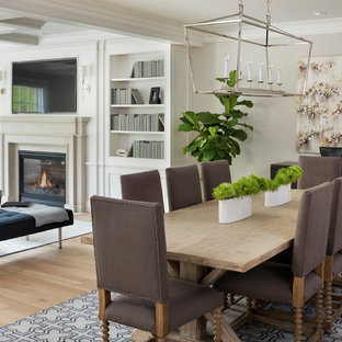 ミネアポリスの中サイズのトランジショナルスタイルのLDKの画像 (グレーの壁、淡色無垢フローリング、標準型暖炉、石材の暖炉まわり)