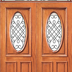 Prehung Mahogany Oval Lite Entry Double Door Elliptical Transom - Front Doors