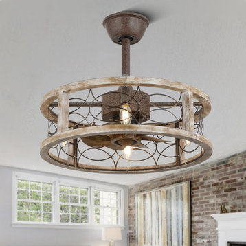 Farmhouse Wood Metal Caged Ceiling Fan, Dimmable Light and Remote Control, Bronze