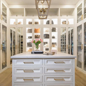 Luxury Closet with glass doors light interior.