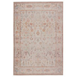 Jaipur Living - Machine Washable Avin Oriental Green and Blue Runner Rug, Blush and Cream, 5'x7'6" - The Kindred collection melds the timelessness of vintage designs with modern, livable style. The Avin rug's blush, wine, green and golden, earthy tones ground spaces with luxe appeal and an ornate, classic motif. This low-pile rug is made of soft polyester and features a stunning, Old World-inspired digitally printed design.