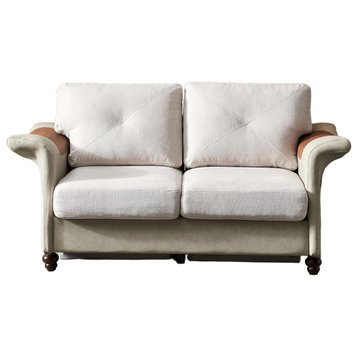Unique Loveseat, Comfortable Linen Seat With Curved Faux Leather Arms, Beige