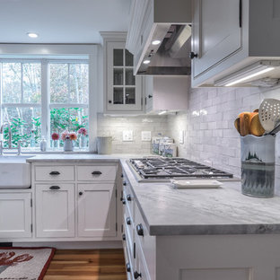 Mid-sized traditional kitchen pantry photos - Kitchen pantry - mid-sized traditional l-shaped medium tone wood floor kitchen pantry idea in Portland Maine with a single-bowl sink, raised-panel cabinets, white cabinets, quartzite countertops, white backsplash, ceramic backsplash, paneled appliances and an island