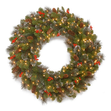 30" Wreath With Silver Bristle, 12 Cones, 12 Red Berries, Glitter and Battery