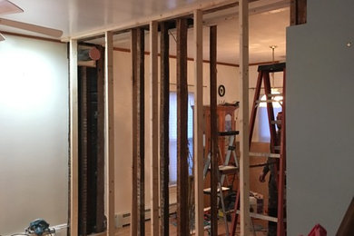 Inspiration for a mid-sized contemporary enclosed medium tone wood floor family room remodel in Boston with blue walls, a wood fireplace surround and a media wall