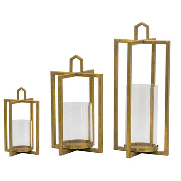 Benzara 11" Lanterns, 3-Piece Set, Tea Light Glass Holders, Modern, Gold
