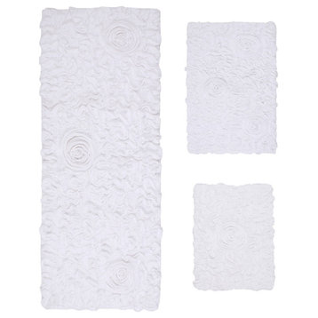 Bell Flower Collection Tufted Bath Rug, 3-Piece Set With Runner, White