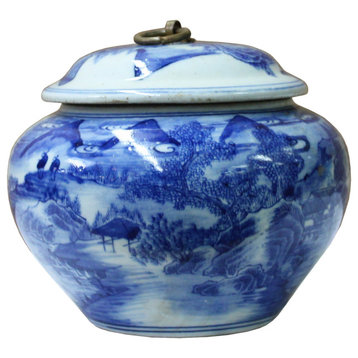 Chinese Oriental Blue Off White Porcelain Round Container Urn Hws1113