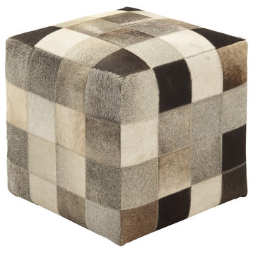 Modern Ottoman/Stool, Animal Patchwork Leather Upholstery, Multicolored/Square