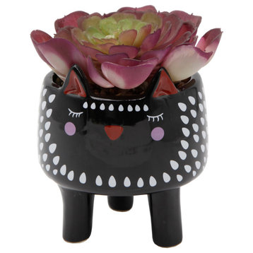 Faux Succulent In 4.75" Small Black Cat Ceramic Planter
