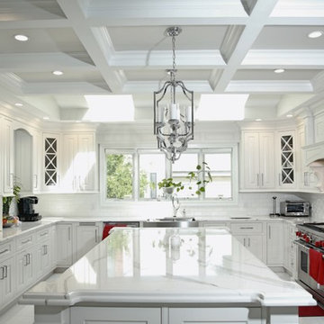 Transitional White Kitchen with Cambria Brittanica Counter Top