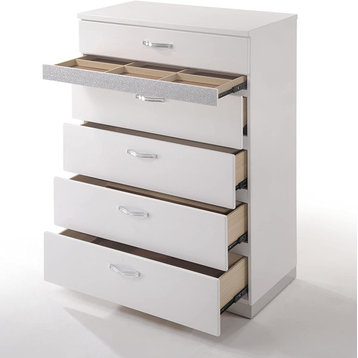 Modern Vertical Dresser, 5 Spacious Drawers With Chrome Pulls, Glossy White