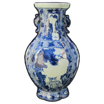 Chinese Blue and White Deer and Pine Mountain Scenery Two Ears Porcelain Vase