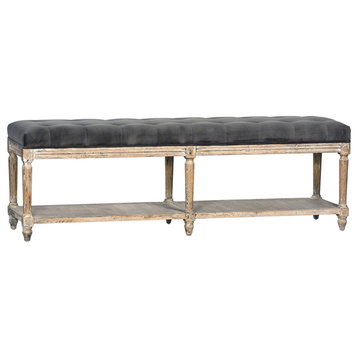 Grey Velvet Tufted Shelf Bench
