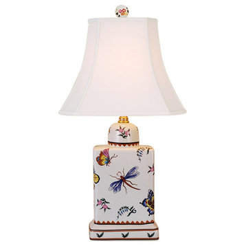 Dragonfly Motif Porcelain Tea Caddy Table Lamp 17"