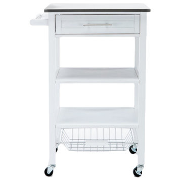 Hennington Kitchen Cart With Stainless Steel Top, White Wash