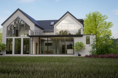 Foto de fachada de casa blanca y gris moderna grande de dos plantas con tejado a dos aguas y tejado de teja de barro