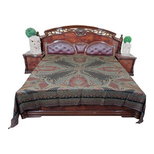 Mogul Interior - Boho Kashmir Indian Bedding King Size Bed Throw Mogul - Gorgeous & intricate ethnic medium blue, red and black reversible warm jamavar wool Indian bedspread bed cover in exquisite huge swirling floral paisley motifs from India.