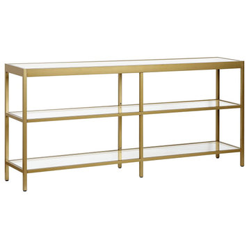 Modern Console Table, Metal Frame With Glass Top and Open Shelves, Brass Finish