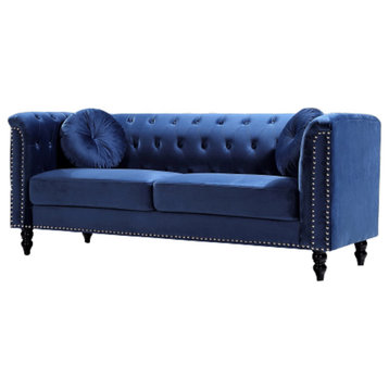 Elegant Sofa, Nailhead Trim & Button Tufted Back With 2 Pillows, Dark Blue