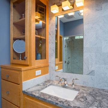 Traditional Carrara Marble Primary Bath Refresh With Maple Vanity