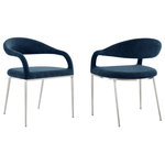 Armen Living - Morgan Brushed Stainless Steel and Blue Upholstered Dining Chairs, Set of 2 - Transform any space with the luxurious charm and comfort of the Morgan Dining Chair in Fabric and Metal - Set of 2 by Armen Living. The cozy yet streamlined profile of our chair offers comfort with a touch of opulence. Its beautifully curved back and seamlessly flowing arms lend refinement to this dining chair and any room you put it in. The back, arms, and seat cushion are fully upholstered to offer hours of comfort. The Morgan chair is covered in performance fabric, which provides easy care and maintenance. Perched on four slender legs, this dining chair serves as a stylish complement to any contemporary or modern room. From casual to formal meals, elevate your eat-in kitchens and dining rooms to the simple elegance of the Morgan Dining Chair. Beyond dining, it can offer a chic and comfortable accent chair anywhere from your living space to your home office. Available as a set of two, the Morgan Upholstered Dining Chair comes in matte black iron with Light Gray, Charcoal, or Blue Fabric, or brushed stainless steel with Light Gray, Charcoal, or Blue Fabric to bring  comfort and grace to your home.