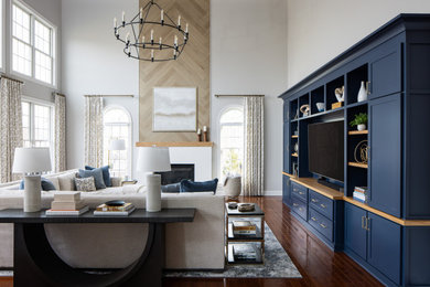 Living room - huge transitional open concept medium tone wood floor, brown floor and coffered ceiling living room idea in DC Metro with white walls, a standard fireplace, a stone fireplace and a media wall