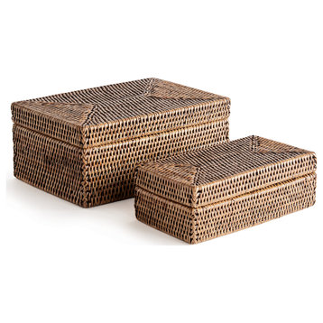 Burma Rattan Rectangular Lidded Boxes, Set of 2