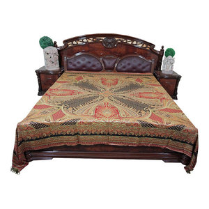 Mogul Interior - Mogul Moroccan Bedding Pashmina Wool Red Black Paisley Indian Blanket Throw - Gorgeous & intricate ethnic medium red, orange and black reversible warm jamavar wool Indian bedspread bed cover in exquisite huge swirling floral paisley motifs from India.