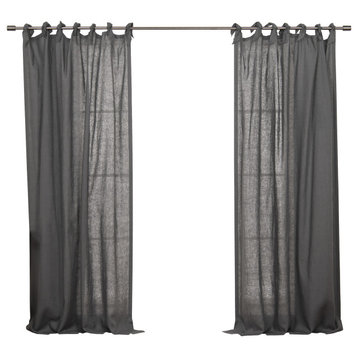 100% Linen Romantic Tie Top Curtain Set, Dark Grey, 52" W X 84" L