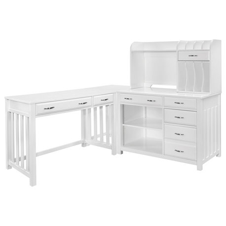 Pemberly Row Contemporary Engineered Wood L Shaped Desk with Hutch in White