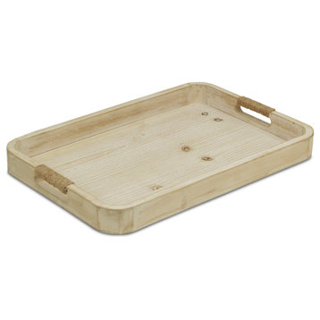 Natural Wood Tray, White Washed, Rope Covered Handles