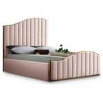 Meridian Furniture - Jolie Black Velvet King Bed, Pink, Queen - Transform your bedroom into a dream haven with the breathtaking Jolie pink velvet queen bed. Featuring a stunning polished gold metal frame that supports pink velvet upholstery on the headboard and footboard with channel tufting for texture, this sleek bed not only commands your attention, it demands it. The wavy design of the headboard and footboard evokes a dramatic image reminiscent of a boat rolling on the waves at sea, promising to lull you to sleep and reward you with a night of pleasant dreams.