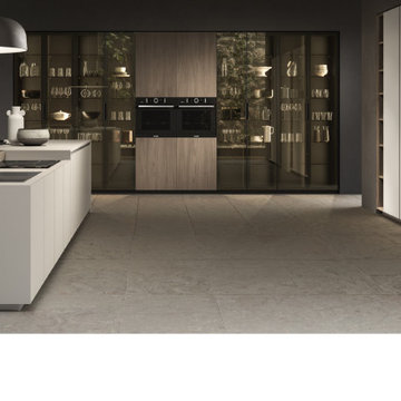 Matte White and Wood Kitchen Cabinets with Pantry Black Metal Frame Glass Doors