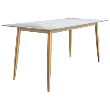 LeisureMod Zayle Dining Table With a 71" Rectangular Top and Gold Steel Base, Medium Gray