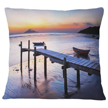 Old Wooden Pier At Sunset Seascape Throw Pillow, 18"x18"