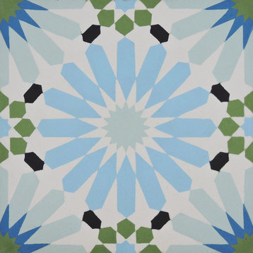 8"x8" Alhambra Handmade Cement Tile, Blue/Green/Black, Set of 12
