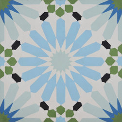 Moroccan Mosaic and Tile House - Alhambra Handmade Cement Tile, Blue/Green/Black, Sample - Wall And Floor Tile