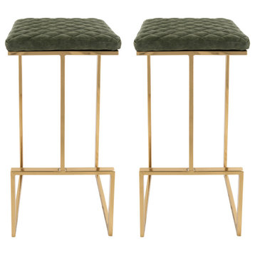 LeisureMod Quincy Leather Bar Stools With Gold Frame Set of 2, Olive Green