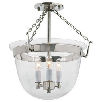 Small Semi Flush Classic Bell Lantern In Clear Glass, Polished Nickel
